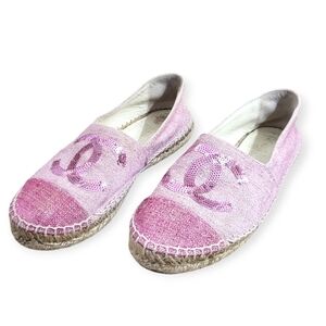 CHANEL Interlocking CC Logo Espadrilles Pink Sequin Canvas Jute EU36 / US6